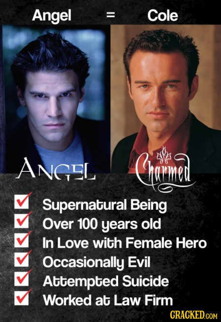 Angel Cole ANGEL Crme Supernatural Being Over 100 years old In Love with Female Hero Occasionally Evil Attempted Suicide Worked at Law Firm 