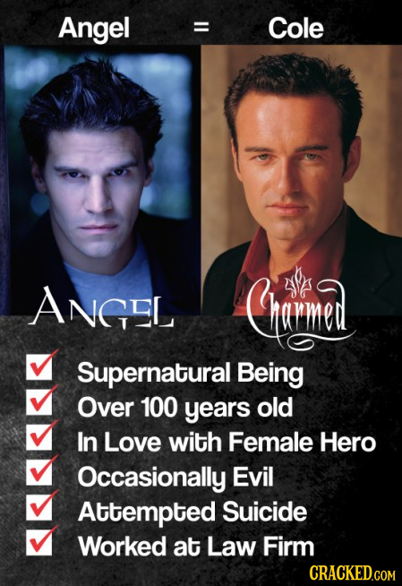 Angel Cole ANGEL Crme Supernatural Being Over 100 years old In Love with Female Hero Occasionally Evil Attempted Suicide Worked at Law Firm