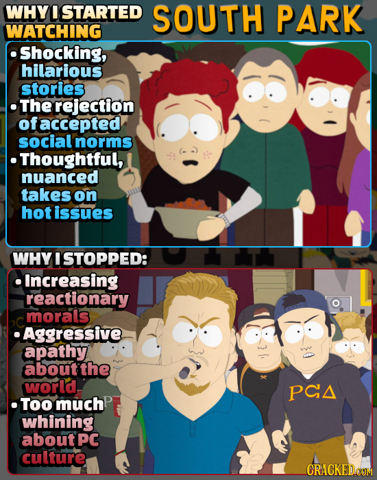 WHY I ISTARTED SOUTH PARK WATCHING Shocking, hilarious stories The rejection of faccepted social norms Thoughtful, nuanced takes on hot issues WHY I S