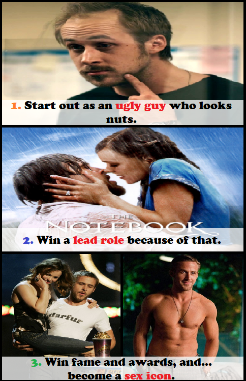 1. Start out as an ugly guy who looks nuts. 0lpok 2. Win a lead role because of that. darfur 3. Win fame and awards, and... become a sex icon.