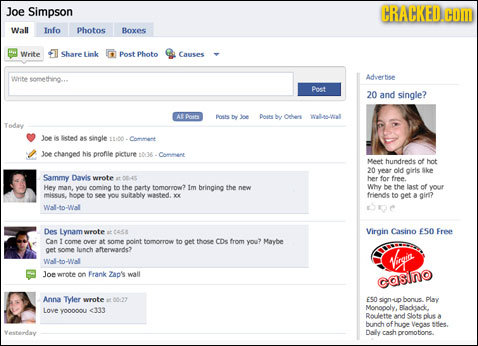 Joe Simpson CRACKED.COM Wall Info Photos Boxes Write Chare Link Post Photo Causes stite something... Advertise Port 20 and single? ADn Bosh Dy Joe Dni