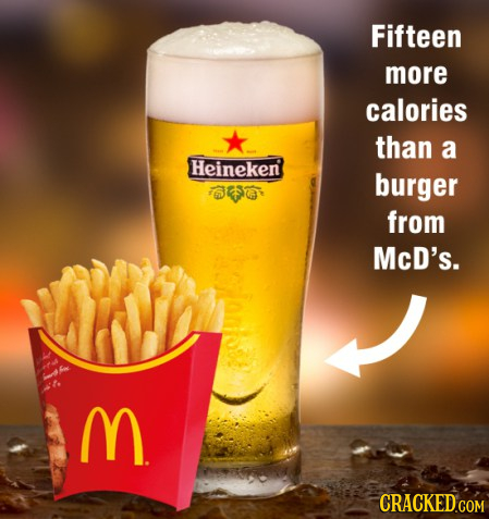 Fifteen more calories than a Heineken burger from olanbs McD's. M CRACKED COM 