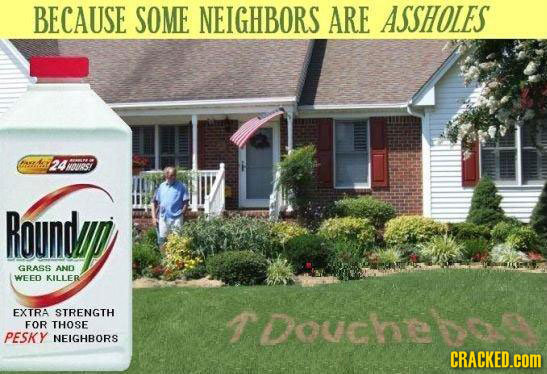 BECAUSE SOME NEIGHBORS ARE ASSHOLES eng 24M0UR5: Roundad GRASS AND WEED KILLER EXTRA STRENGTH Touche FOR THOSE PESKY NEIGHBORS CRACKED.cOM