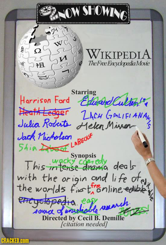 SHOWING NOW 9 A WIKIPEDIA The FE ee EngelgpedtiaMovie Starring Harrison Ford Eduaydlukliug! Heat#tedger ZACH GALIFIANA GAL/FIANA Julia Rotertis Helen