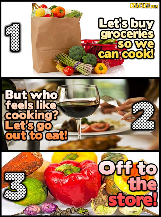 Let's buy groceries SO we can COok! But who feels like 2 cooking? Let's go out to eat! Off to the store!