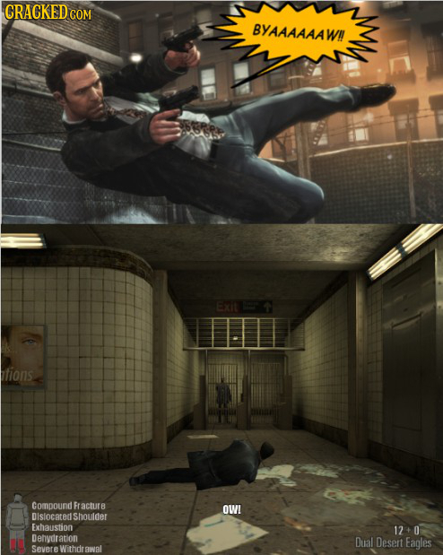 CRACKEDCO GOM BYAAAAAAWI! Exit fions Compound Fractur OW Dislocated Shouder Exhaustion 1240 Dehydratlon Dual Desert Eagles Severe Withdr Bwal