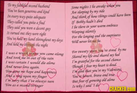 To fanefid mEy second husfand nights I lie awake whor you Some You've been generous and kind Are sleeping fy my side In could have beent every way qui