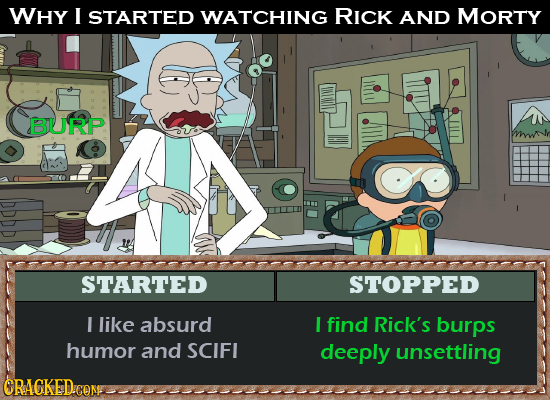 WHY I STARTED WATCHING RICK AND MORTY BURP Mnr STARTED STOPPED I like absurd I find Rick's burps humor and SCIFI deeply unsettling 