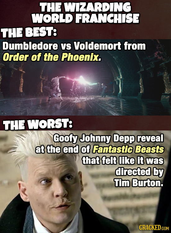 THE WIZARDING WORLD FRANCHISE THE BEST: Dumbledore VS Voldemort from Order of the Phoenix. THE WORST: Goofy Johnny Depp reveal at the end of Fantastic