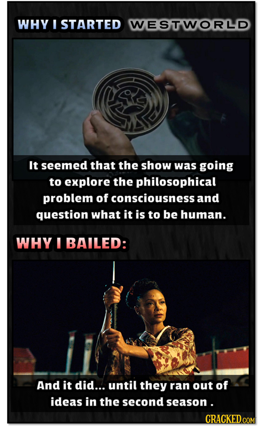 WHY I STARTED WESTWORLD It seemed that the show was going to explore the philosophical problem of consciousness: and question what it is to be human.