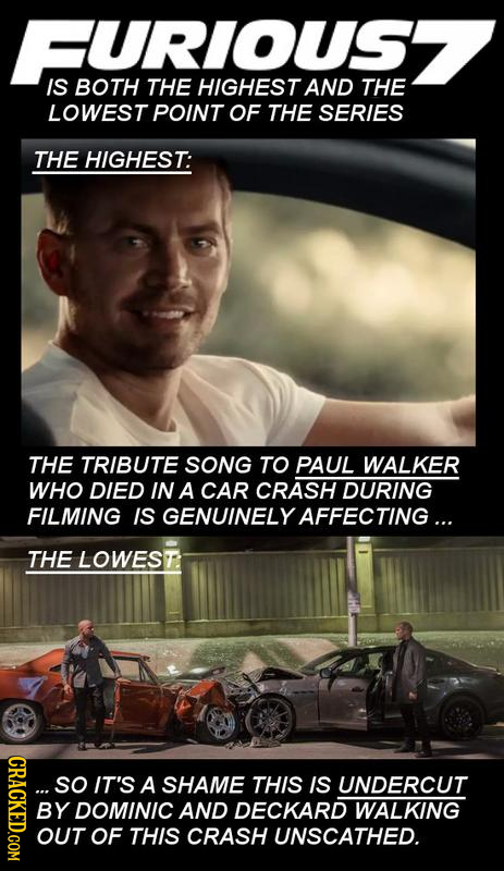 FURIOUSZ IS BOTH THE HIGHEST AND THE LOWEST POINT OF THE SERIES THE HIGHEST: THE TRIBUTE SONG TO PAUL WALKER WHO DIED IN A CAR CRASH DURING FILMING IS