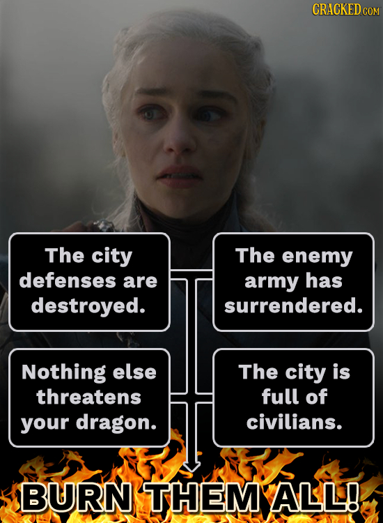 CRACKEDcO The city The enemy defenses are army has destroyed. surrendered. Nothing else The city is threatens full of your dragon. civilians. BURN THE