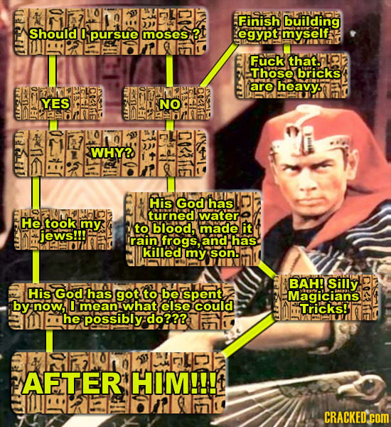 Finish building Should pursue moses ? egypt myself Fuck that. LOY Those bricks are heavy. YES NO nm rz 0 WHY? His God has turned water He took my to b