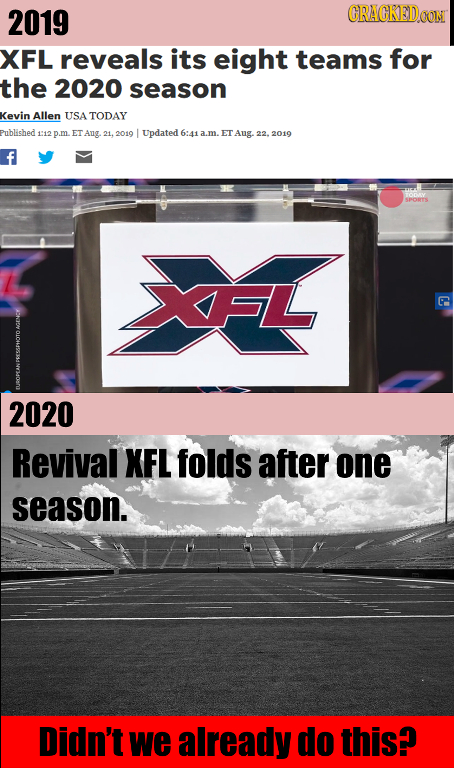 2019 CRACKEDC XFL reveals its eight teams for the 2020 season Kevin Allen USA TODAY Published: 112 m. ET Ang 21, 2010 Updated 6:41 .m. ET Aug 22. 2019