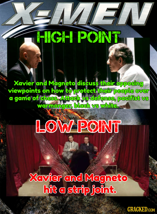 AENV HIGH POINT Xavier and Magneto discuss their opposing viewpoints on how to protect their people over a game of chess. Attack VS defense, pacifist