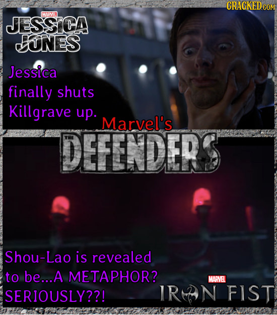 JESSICA MAHI LUNES Jessica finally shuts Killgrave up. Marvel's DEFENDERS Shou-Lao is revealed to be... A METAPHOR? MARVEL SERIOUSLY??! IR42N FIST 