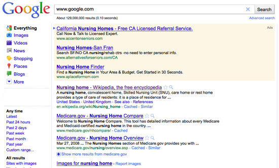 Google www.google.com Search Abouet 129 (O. 10 seconds' Avarced searot Everything Califomia Nursing Homes Free CA Licensed Referral Service. Ads Image