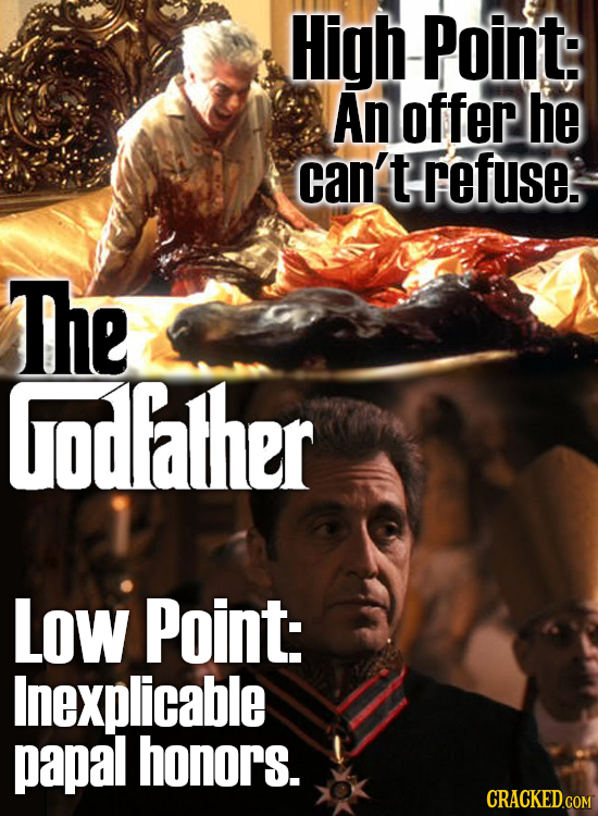 High -Point: An offep he can't refuse. The odfather Low Point: Inexplicable papal honors.