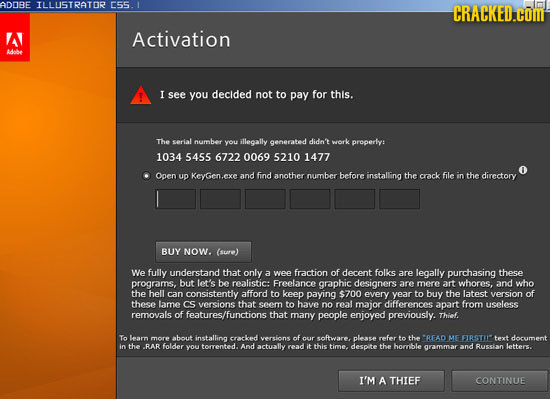 ADORE TSTAT C55. CRACKED.coM Activation Adbe I see you decided not to pay for this. The serial number you illegally generated dido'' ork properly: 103