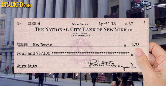 GRACKEDCO CoM No. 00008 NEW YORk April 13 1 19 57 THE NATIONAL CITY BANKOF NEW YORK I-B WALL STREET THR Mr. Davis $ 4.73 NO Four and 73/100 D Rdtta. R