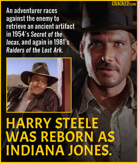 An adventurer races against the enemy to retrieve an ancient artifact in 1954's Secret of the Incas, and again in 1981's Raiders of the Lost Ark. HARR