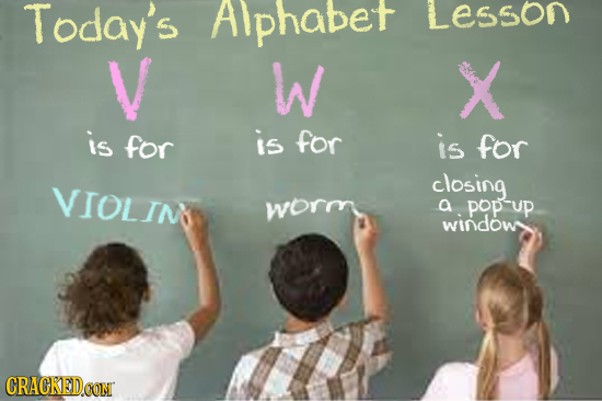 Today's Alphabet Lesson V W X is for is for is for closing VIOLIN worm a popup window CRACKEDCON 