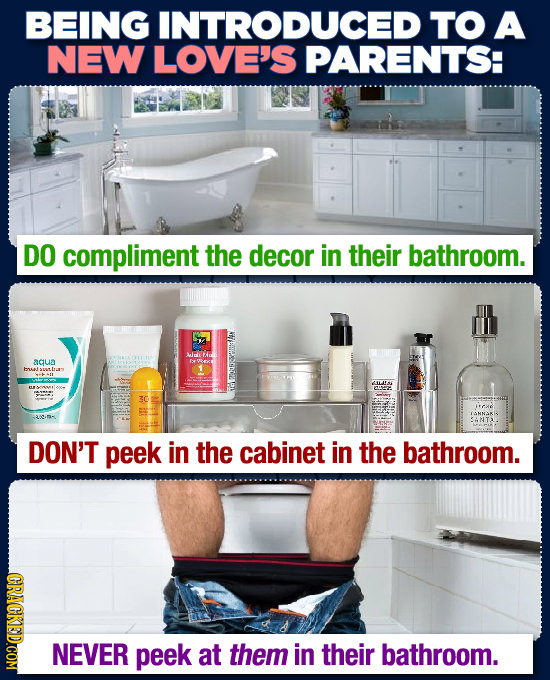 BEING INTRODUCED TO A NEW LOVE'S PARENTS: DO compliment the decor in their bathroom. wl e adua bam ne DON'T peek in the cabinet in the bathroom. CRACK