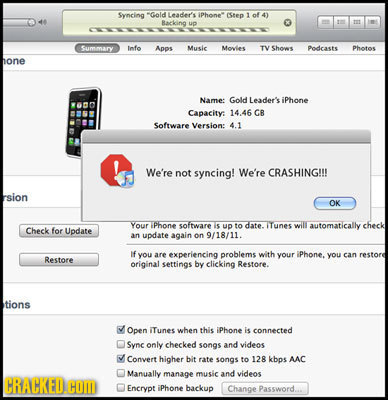 Syncing -Goldeadar's Phonet IStep of Backing UD Sumimary Info Apos Musie Movies TV Shows Podcasts Photes hone Name: Gold Leader's iPhone Capacity: 144