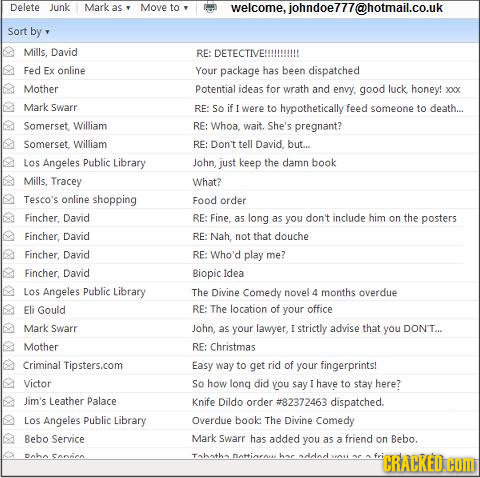 Delete junk Mark as Move to welcome, johndoe777@hotmail.co.uk Sort by Mills. David RE :DETECTIVE!!!!!!!!!! Fed Ex online Your package has been dispatc