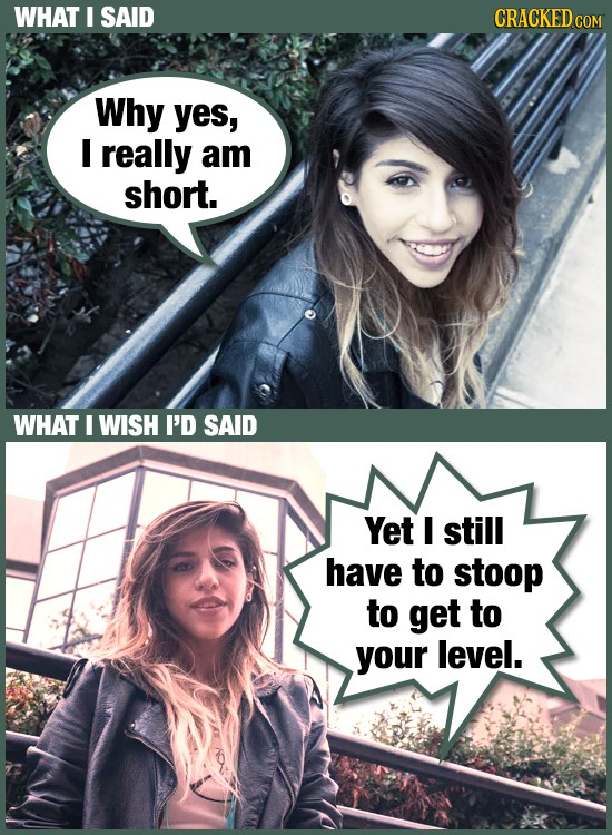 WHAT I SAID CRACKED c COM Why yes, I really am short. WHAT I WISH I'D SAID Yet I still have to stoop to get to your level.