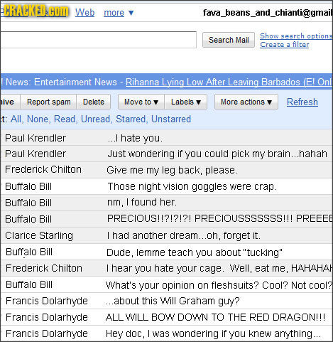 PHRAHKEDCOI Web more fava beans_and_chianti@gmail Show Search ootions Mail Create a filter News: Entertainment News -Rihanna Lving Low After Leaving B