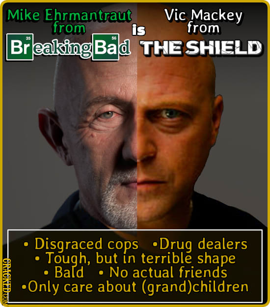 Mike Ehrmantraut Vic Mackey from is from Br eaking Bad 56 THE SHIELD Disgraced cops . Drug dealers Tough, but in terrible shape CRACKEDTO Bald No actu