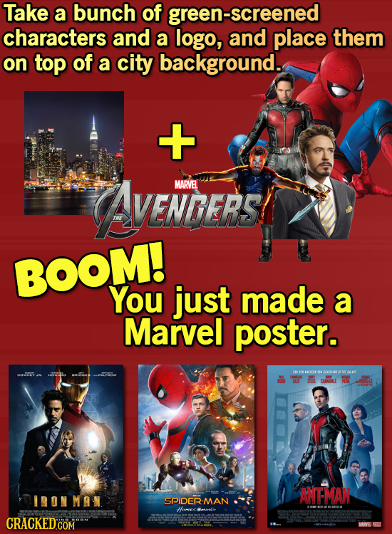 Take a bunch of screened characters and a logo, and place them on top of a city background. + AyENEERS MARVEL BOOM! You just made a Marvel poster. AIN