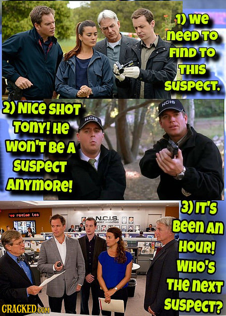 1) we need TO FIND TO THIS suspect. 2) NICe SHOT NCIS TONY! He won't BE A SUspeCT Anymore! 3)IT'S reaiee Lom N.C.I.S. WANTED been An HOUR! WHO's THE n