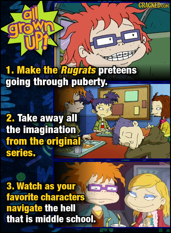 all groln UPT 1. Make the Rugrats preteens going through puberty. 2. Take away all the imagination from the original series. 3. Watch as your favorite