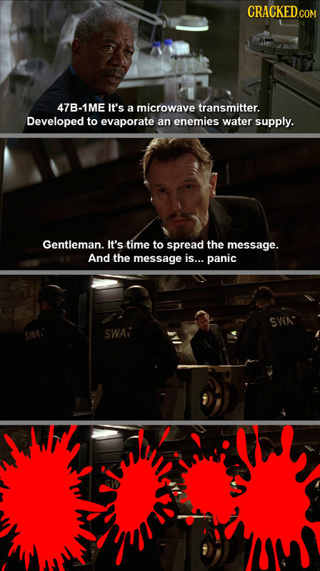 47B-1ME It's a microwave transmitter. Developed to evaporate an enemies water supply. Gentleman. It's time to spread the message. And the message is..