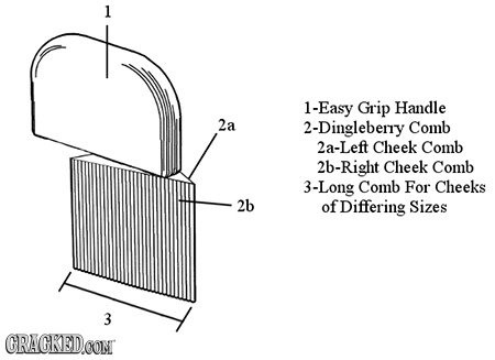 1 1-Easy Grip Handle 2a 2-Dingleberry Comb 2a-Left Cheek Comb 2b-Right Cheek Comb 3-Long Comb For Cheeks 2b of Differing Sizes 3 CRAGKED