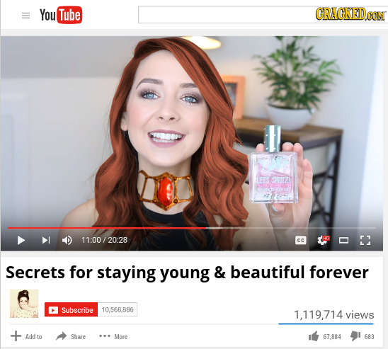 You Tube CRACKEDOON LET'S SRITZ nrevd 11:00/ 20:28 CC HO Secrets for staying young & beautiful forever Subscribe 10.568.886 1,119,714 views + Add to S