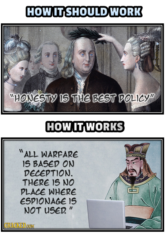 HOW ITSHOULD WORK HONESTY IS THE BEST DOLICY HOW IT WORKS ALL WARFARE IS BASED ON DECEDTION. THERE I5 NO DLACE WHERE ESDIONAGE IS NOT USED. CRACK