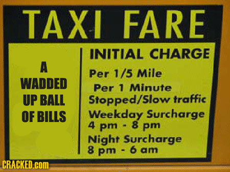 TAXI FARE INITIAL CHARGE A Per 1/5 Mile WADDED Per 1 Minute UP BALL Stopped/slow traffic OF BILLS Weekday Surcharge 4 pm -8 8 pm Night Surcharge 8 pm