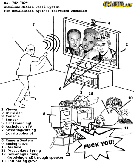 No. 74217829 CRACKEDCON Wireless Motion-Based System For Retaliation Against Televised Assholes 4 7 1 2 6 3 13 10 1. Viewer 2. Television 8 3. Console