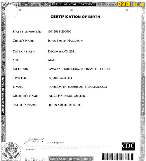 OFFICE ot VITAL STATISTICS TRACKED C CERTIFICATION OF BIRTH STATE FILE NUMBER: 09-2011-200000 CHILD'S NAME: JOHN SMITH HARRISON DATE OF BIRTH: DECEMBE