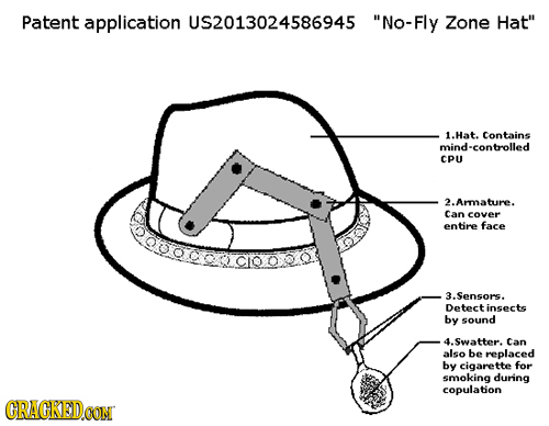 Patent application US2013024586945 No-Fly Zone Hat 1.Hat. Contains mind-controlled CPU A 2. Ara ture. Can cover entire face 3.Sensors. Detectinsects