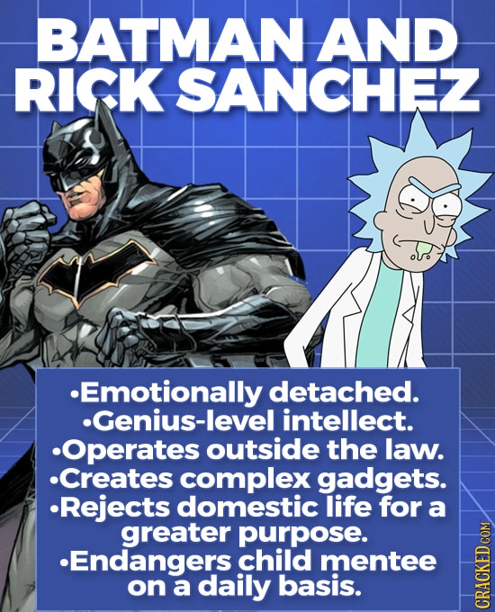 BATMAN AND RICK SANCHEZ Emotionally detached. Genius-level intellect. .Operates outside the law. Creates complex gadgets. Rejects domestic life for a 