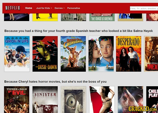 NETFLIX Home Just for Kids Genres, Personalise FO TVactoes dureetoes THA THE GRASS IS GREENER Because you had a thing for your fourth grade Spanish te