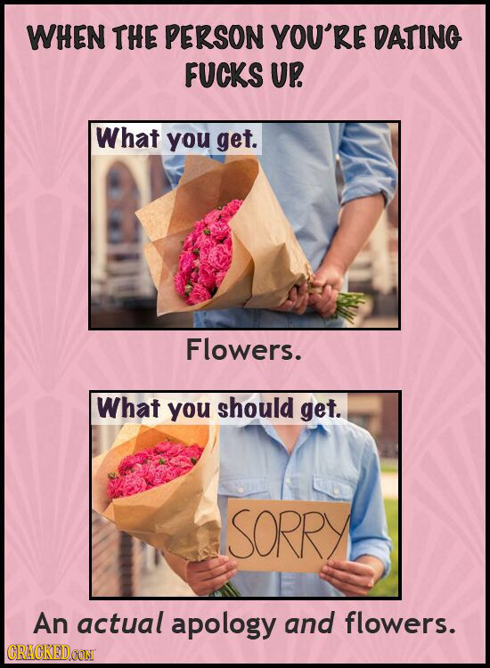 WHEN THE PERSON YOU'RE DATING FUCKS UP. What you get. Flowers. What you should get. SORRY An actual apology and flowers. CRACKEID CON 