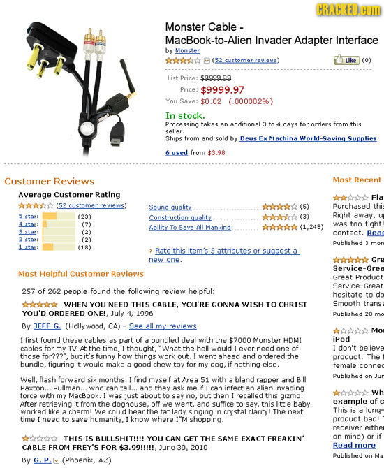 CRACKED.HO Monster Cable - MacBook-to-Alien Invader Adapter Interface by Monster Art revies) Like (0) List Price: $9999.99 Price: $9999.97 You Save: $