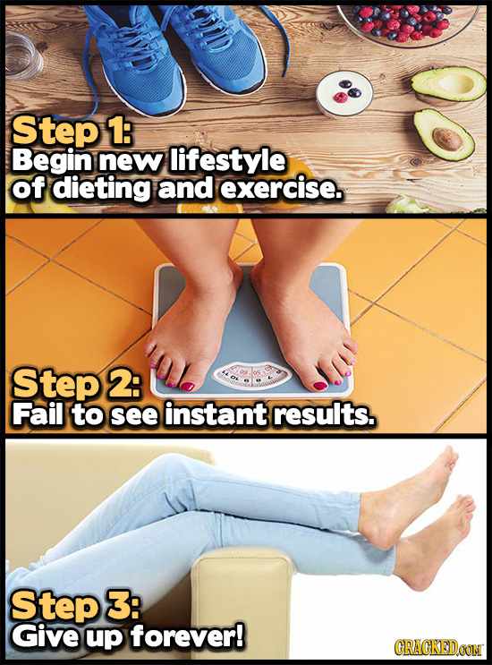 Step 1: Begin new lifestyle of dieting and exercise. Step 2: Fail to see instant results. Step 3: Give up forever! CRAGKEDCON