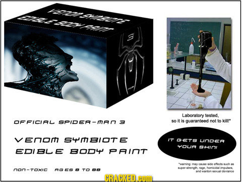 Laboratory tested. OFFICLAL SPIDER-mAn 3 So it is guaranteed not to kill!* VEnor S4MIOTE IT GETS UNDEa 4OUA SHInI EDIBLE EDD PAINT emine may eflects c