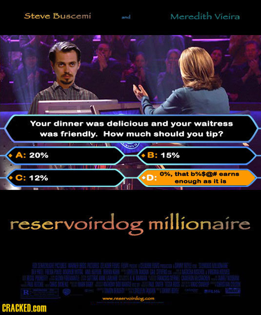 Steve Buscemi Meredith and Vicira Your dinner was delicious and your waitress was friendly. How much should you tip? A: 20% B: 15% 0%, that b%$@# C: 1